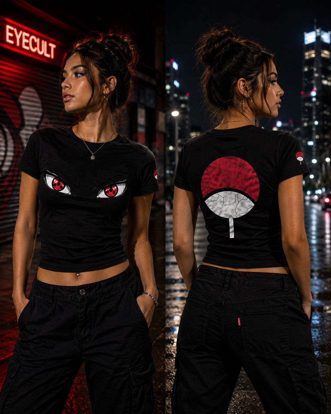 Female model wearing the Eyecult Base Sharingan shirt, front and back views