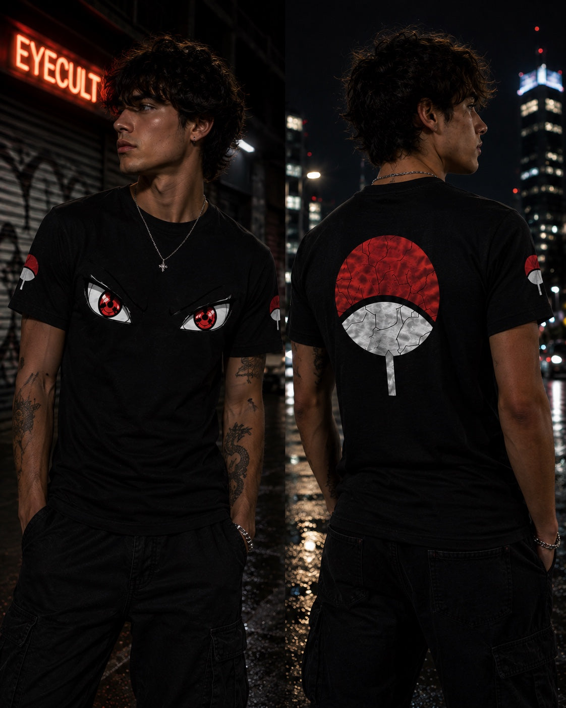 Male model wearing the Eyecult Base Sharingan shirt, front and back views
