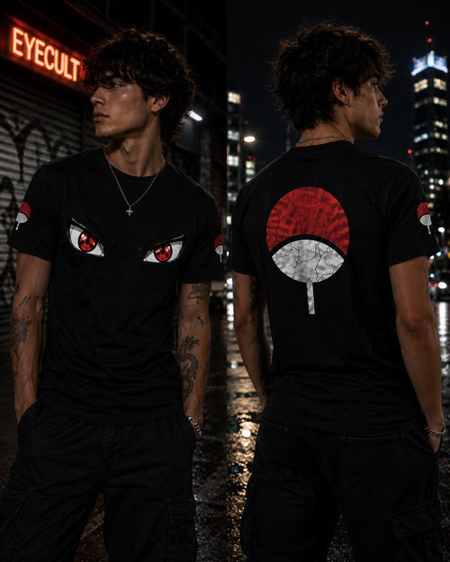 Male model wearing the Eyecult Base Sharingan shirt, front and back views