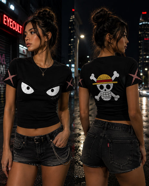 Female model wearing the Eyecult Pirate King shirt in a fitted style, front and back views