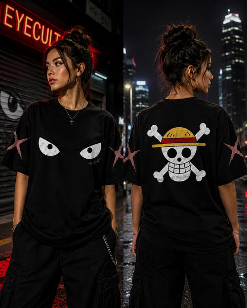 Female model wearing the Eyecult Pirate King shirt in an oversized fit, front and back views