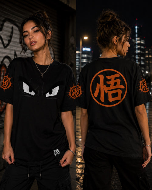Saiyan Pride shirt on female model, front and back views