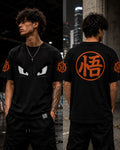 Saiyan Pride shirt on male model, front and back views